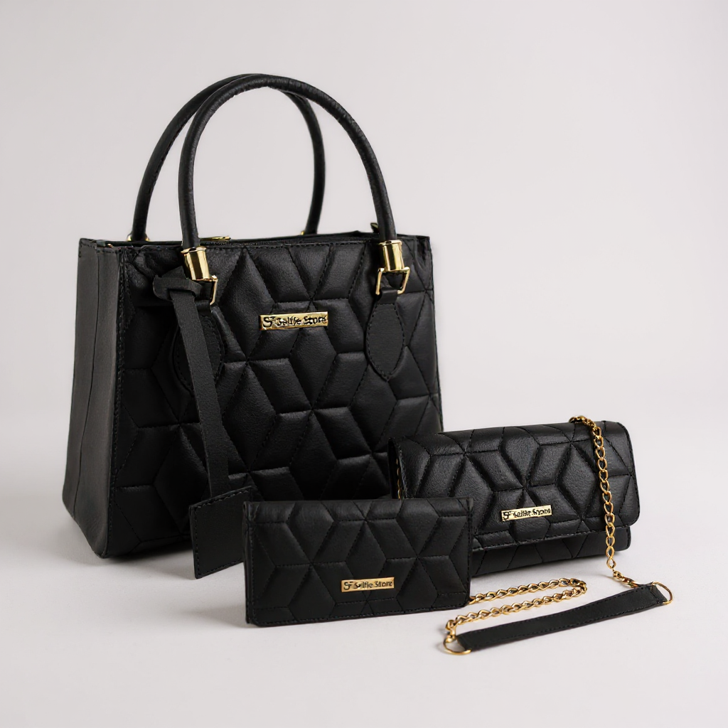 Kit Bolsa Feminina Transversal, Bolsa Tote e Carteira Modelo Rebecca | Preta