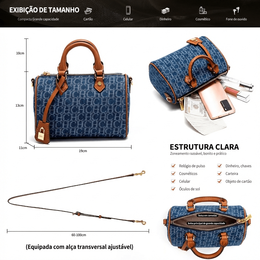 Bolsa Feminina Tiracolo Barrel Retro Denim - Loja Glamurize LTDA